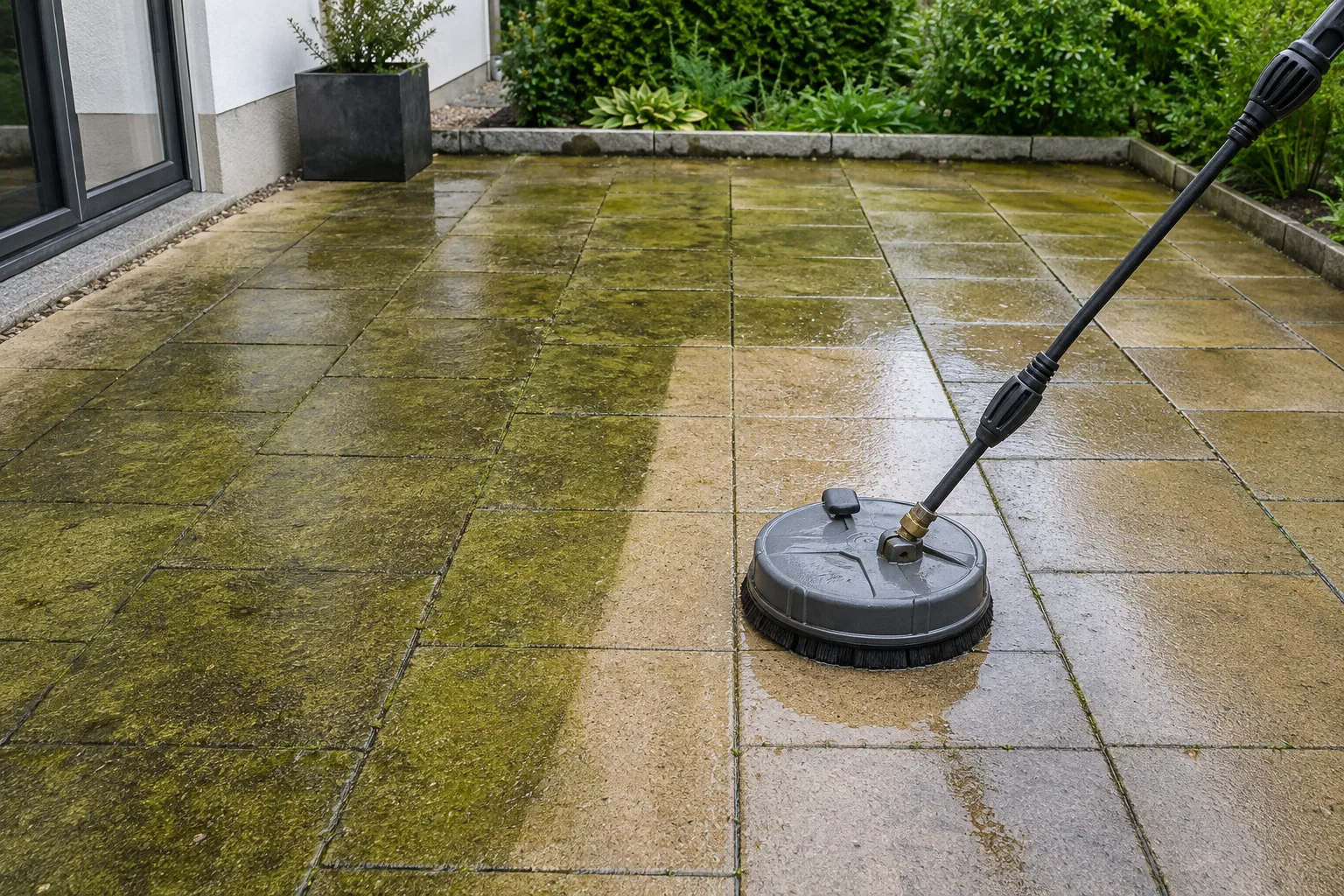 Terrasse reinigen mit angepasster Methode – Hochdruck, Fugen und Grünbelag