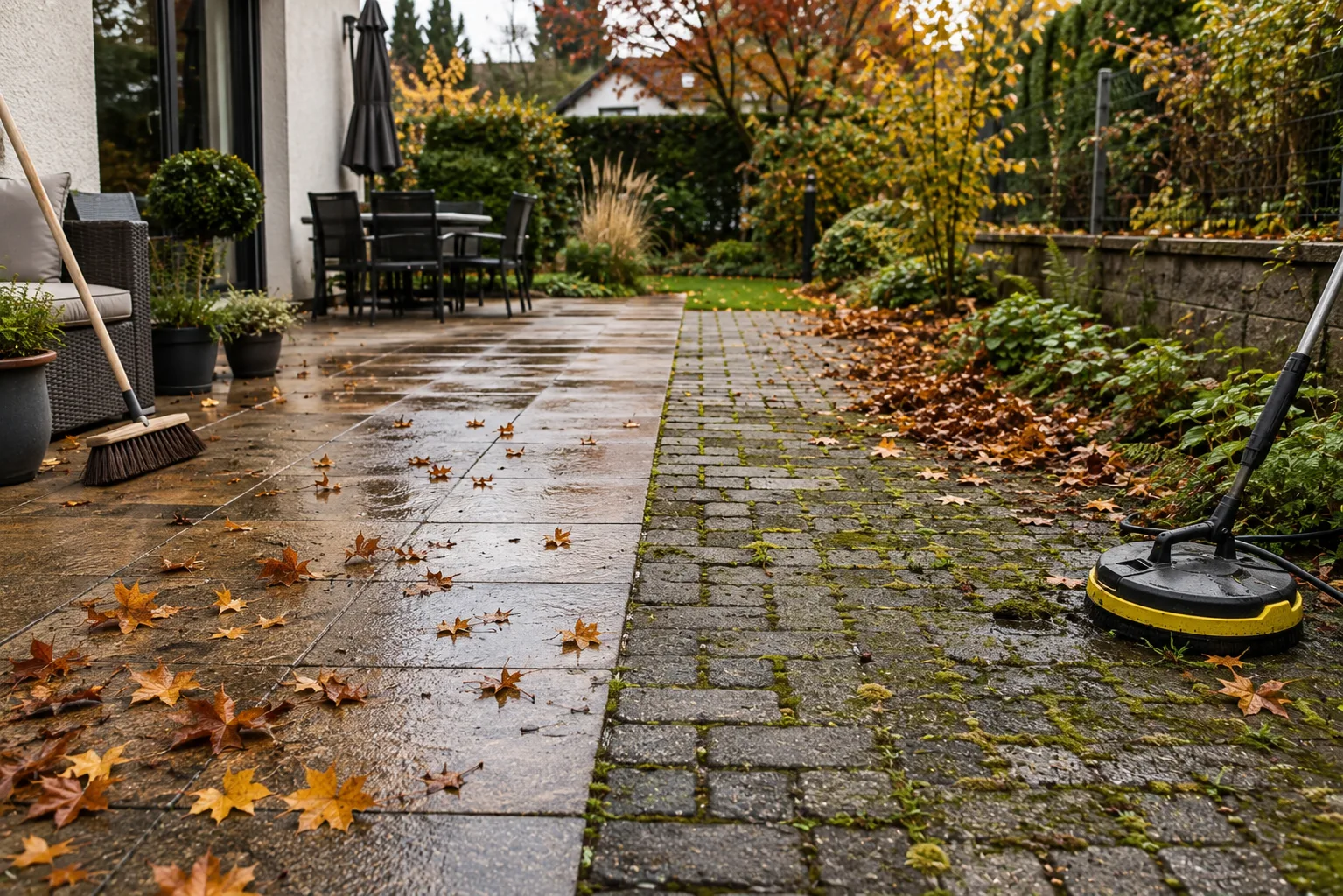Pflaster und Terrasse im Herbst reinigen – Laub, Moos und Grünbelag vor dem Winter entfernen