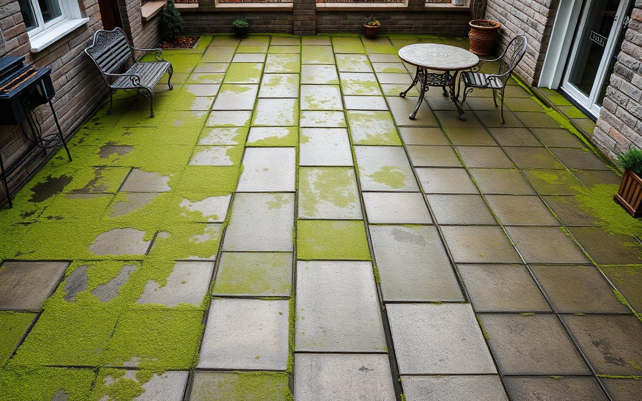Terrasse vor der Reinigung mit Moos und Grünbelag
